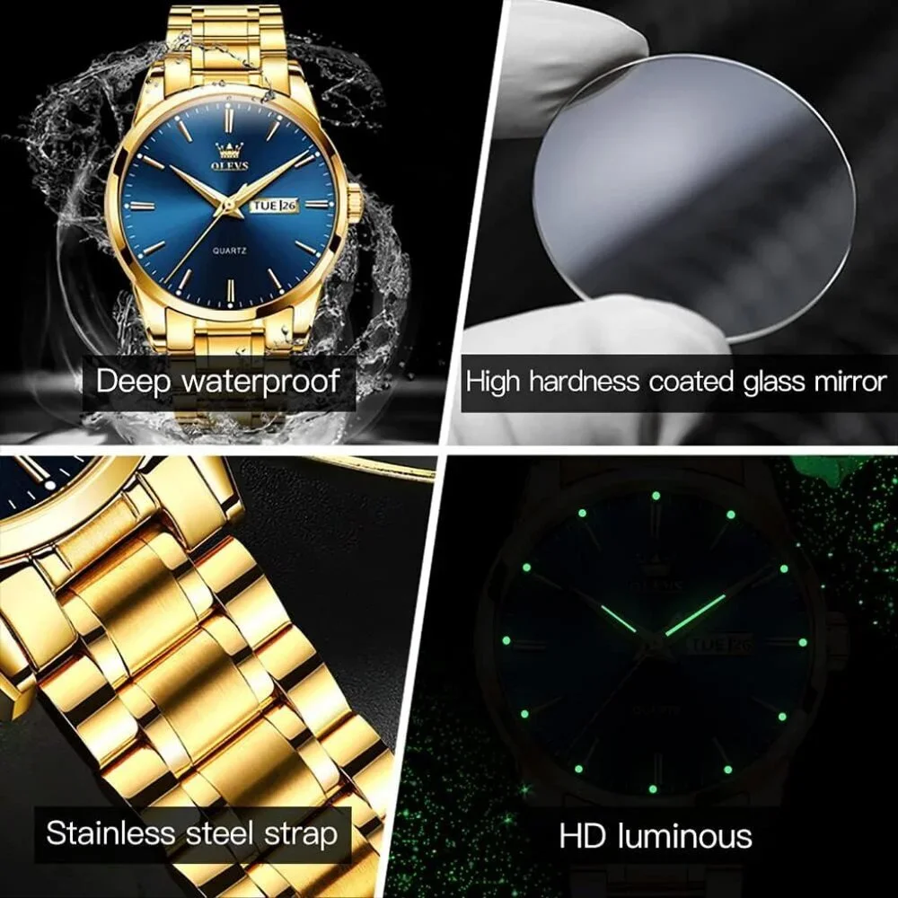 Olevs Men's Gold Steel Blue-Dial Waterproof Stainless Luminous Stylish Watch